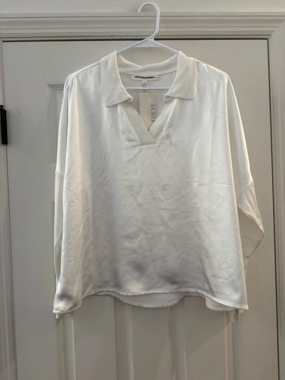 NWT MELISSA NEPTON Tina Mixed Media Top Long Sleeve Collared Blouse White Large - Picture 5 of 11